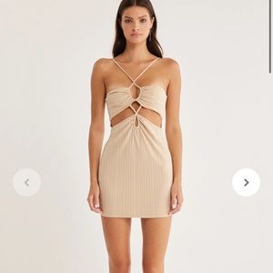 Beige Cutout Ribbed Mini Dress with Strappy Detail